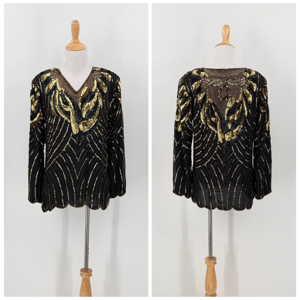 VINTAGE 80s Sequin Top Women Small Black Gold Beaded Silk Party Blouse Disco - Picture 1 of 16